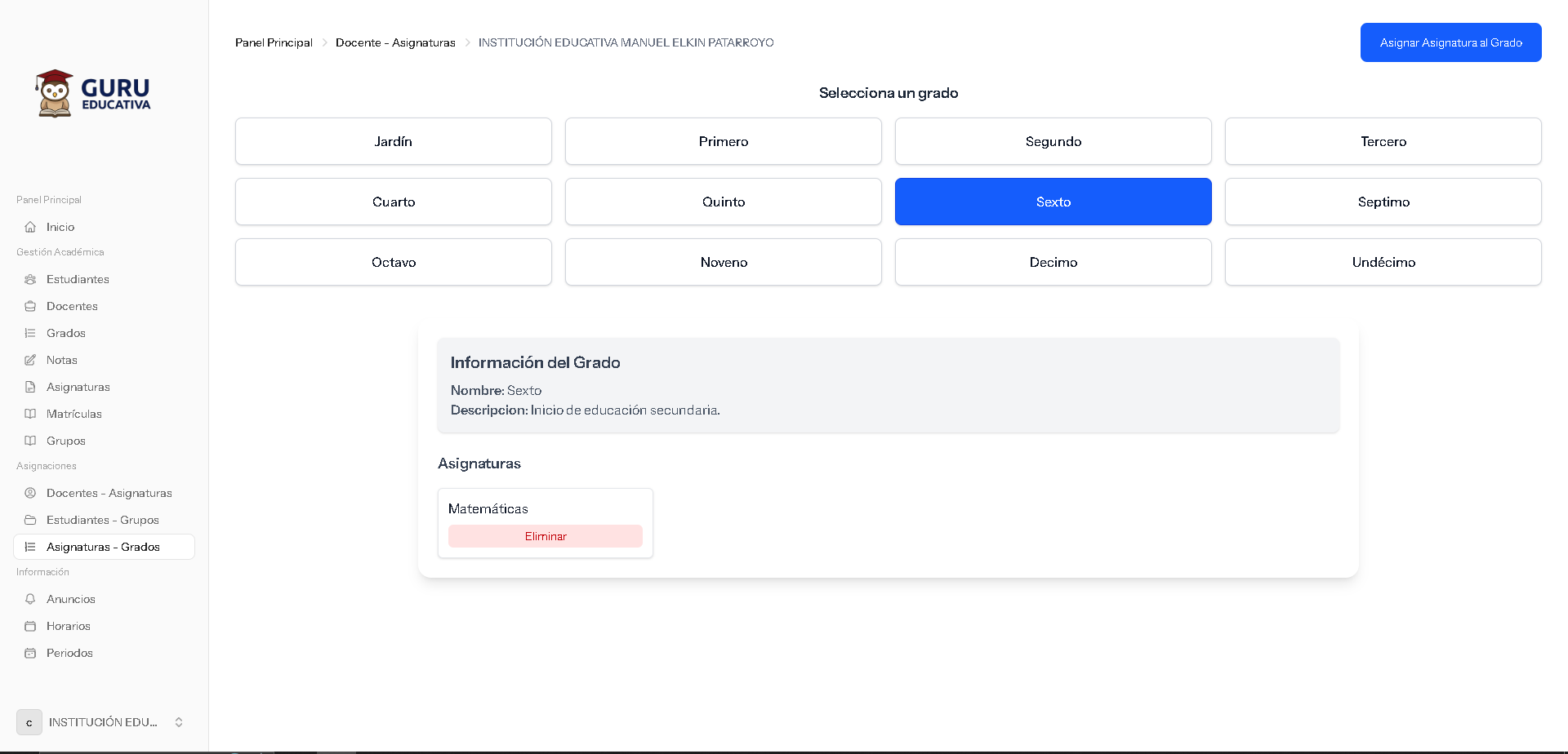 Asignar Materias por Grado